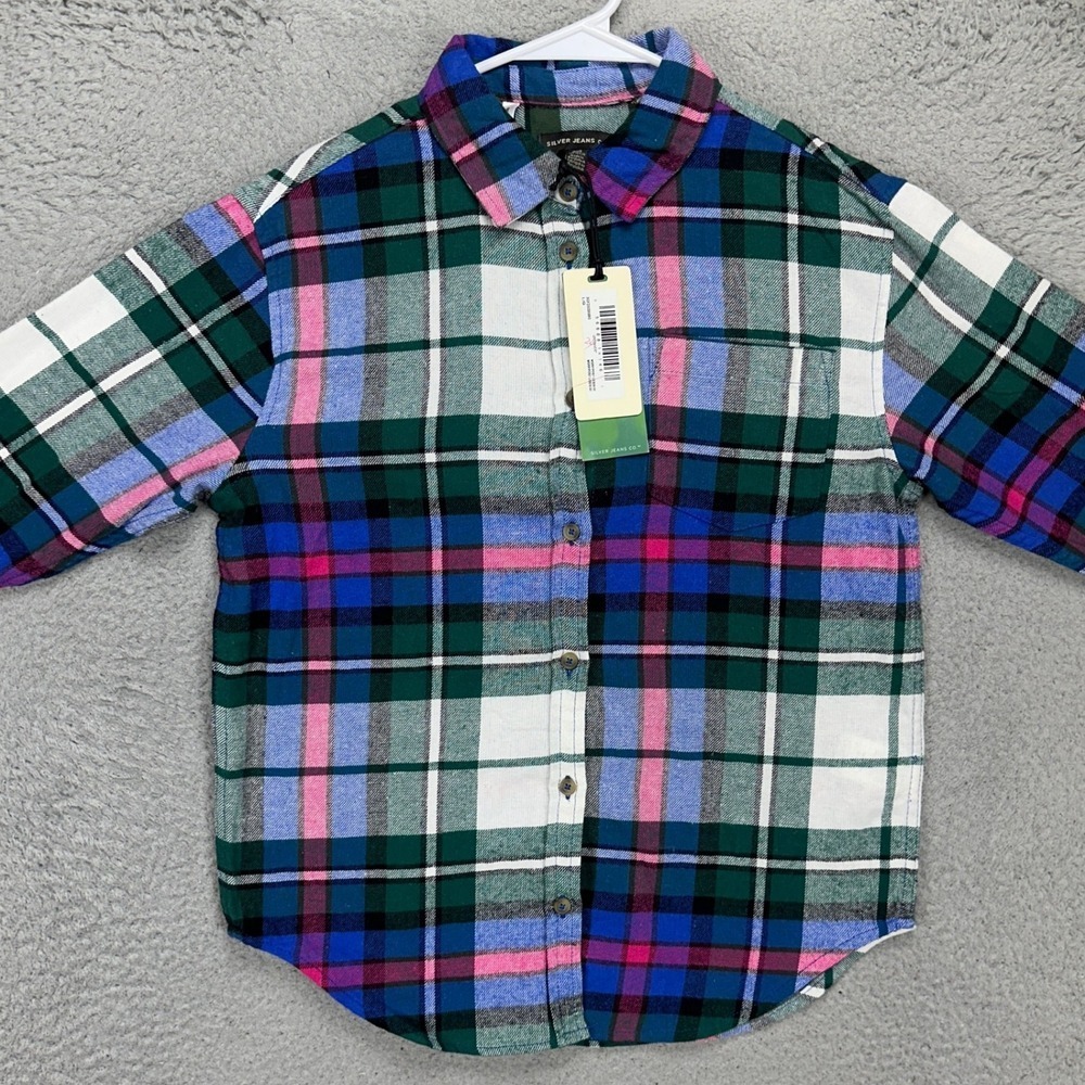 Silver Jeans Co. Womens Flannel Shirt Large 12-14 Green Blue Plaid Pocket NEW